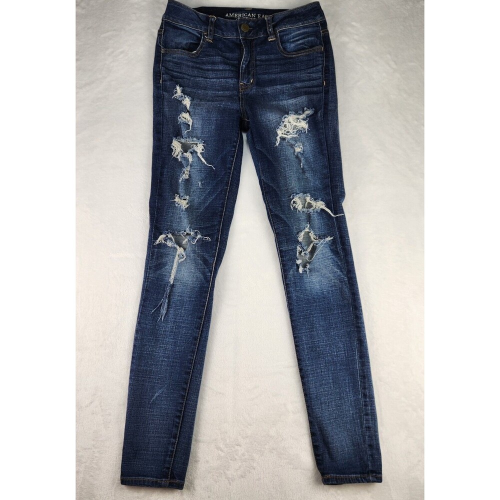 American Eagle Hi Rise Jegging Jeans Women's Size 4 Dark Wash Distressed Ripped